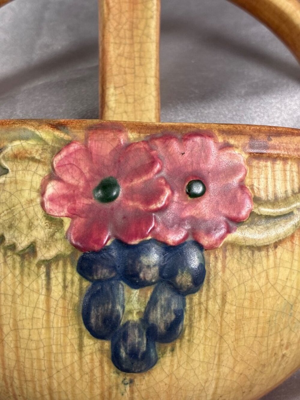 Antique Weller Pottery Wall Pocket Basket c1920s Floral - Picture 4 of 12